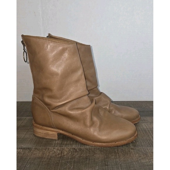 beek Shoes - Beek Ostrich Mid Calf Boots Womens 6 Saddle Tan Leather Slouch Block Heel